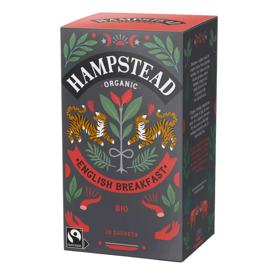 Hampstead Organic English Breakfast tea, 20 sachets, Fairtrade logo, tiger and leaf design on box.