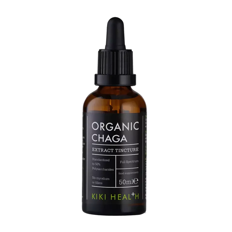 Brown bottle of Organic Chaga Extract Tincture, 50ml, by Kiki Health.