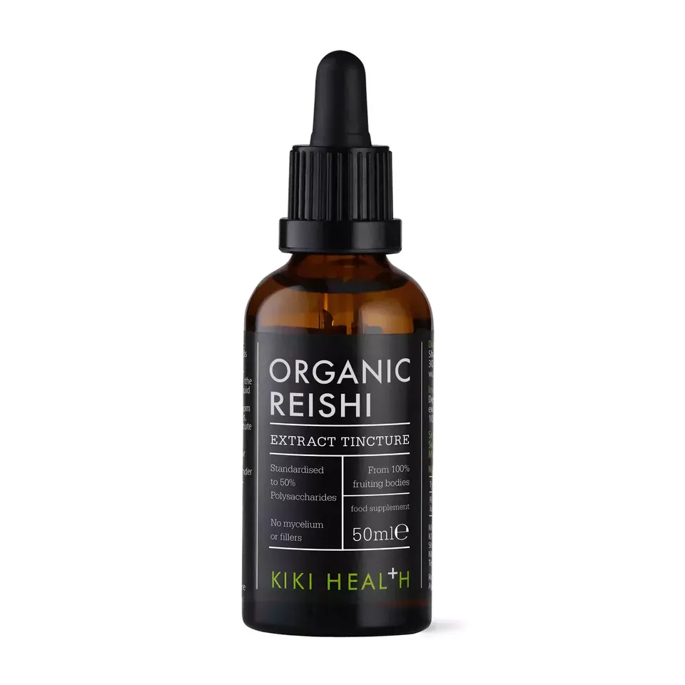Brown bottle of Organic Reishi Extract Tincture, 50ml, by Kiki Health.