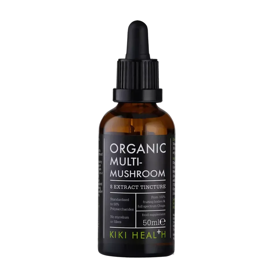 Brown bottle of Kiki Health Organic Multi-Mushroom Extract Tincture, 50ml.