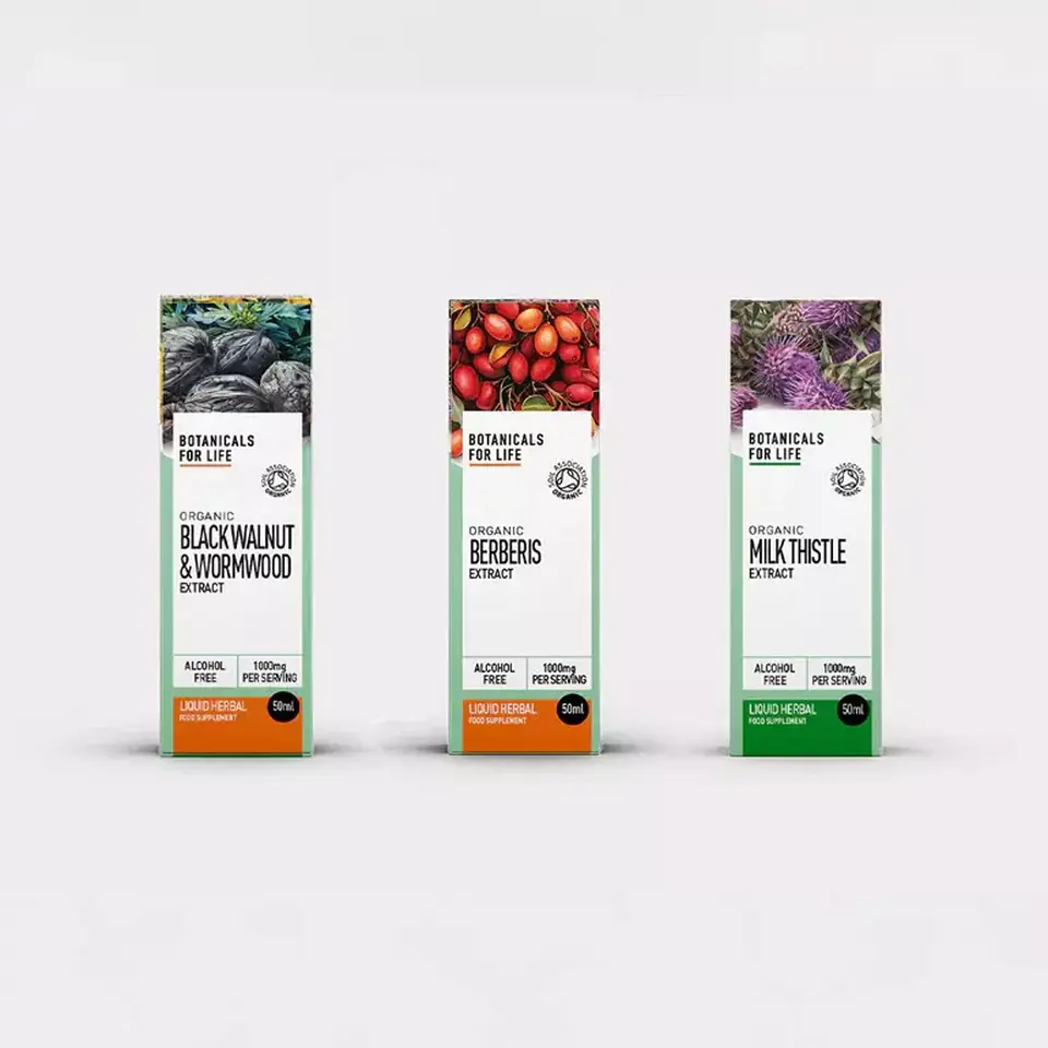 Three boxes of organic herbal extracts: Black Walnut, Berberis, Milk Thistle, 50ml each.