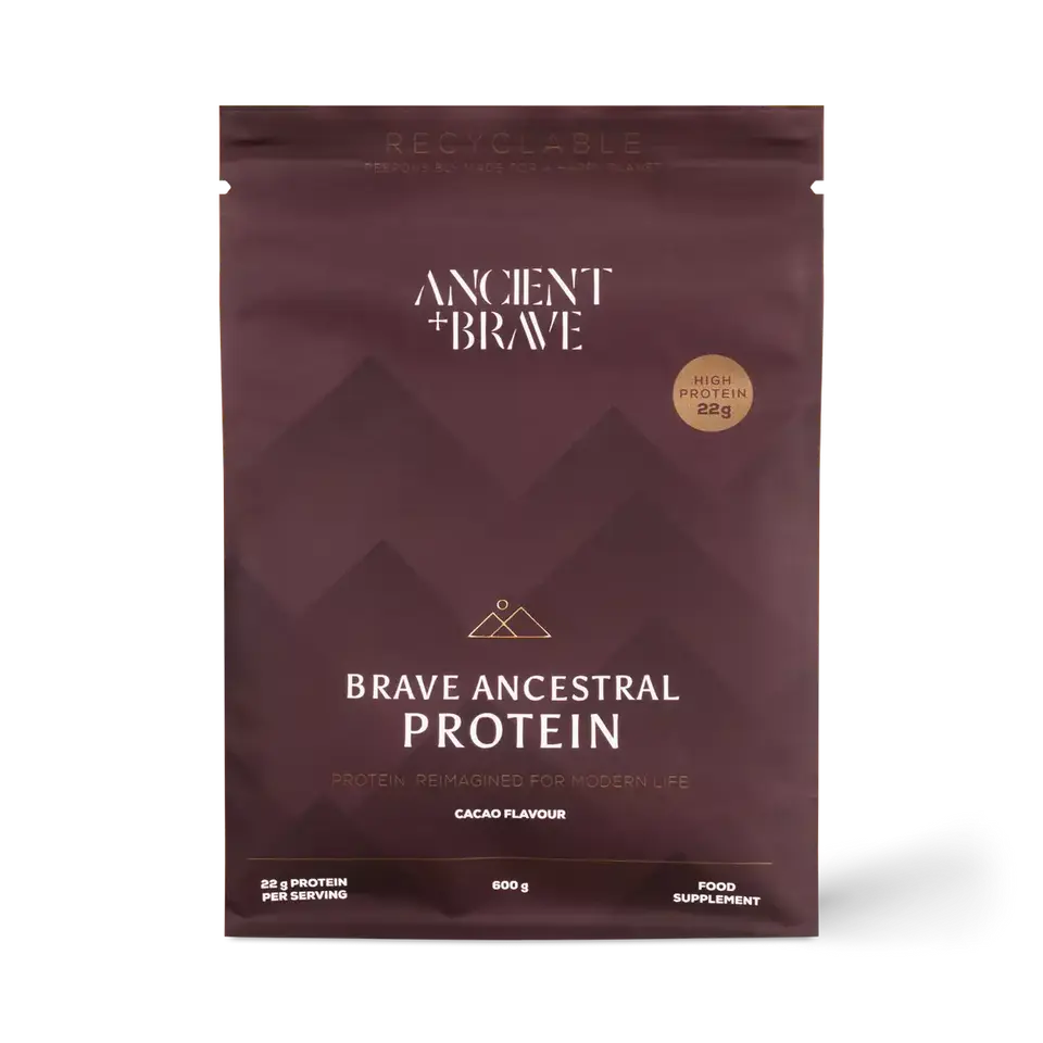 Ancient + Brave protein powder, cacao flavour, 600g, 22g protein per serving.