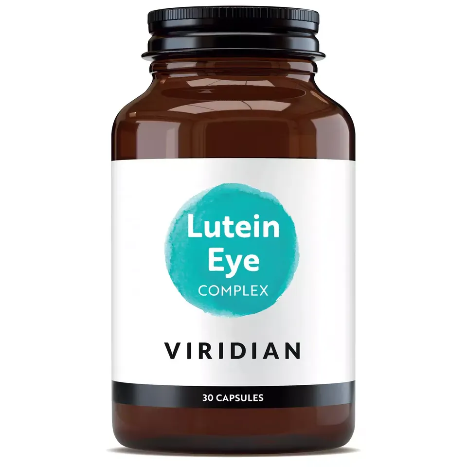 Brown bottle of Viridian Lutein Eye Complex, 30 capsules.