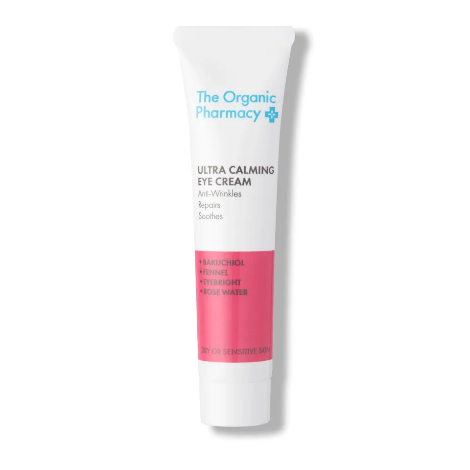 White tube of Ultra Calming Eye Cream with pink label for dry or sensitive skin.