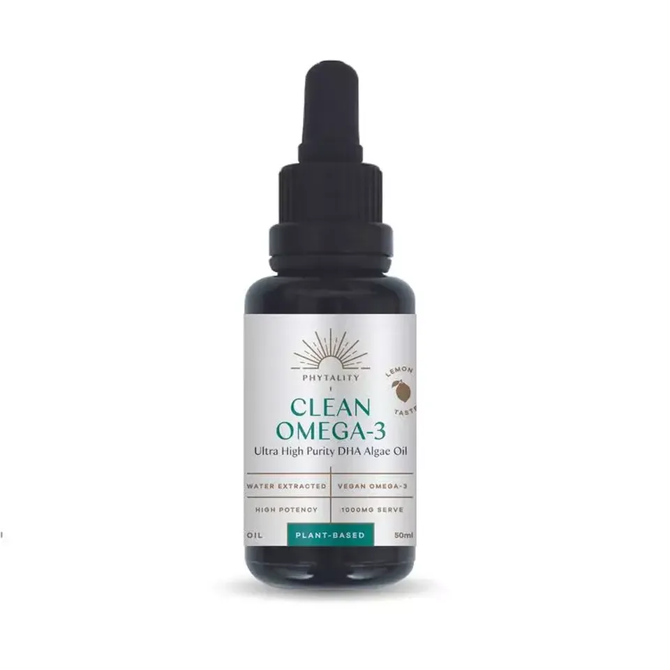 Phytality Clean Omega-3 Algae Oil, 50ml bottle with dropper, lemon taste, vegan.
