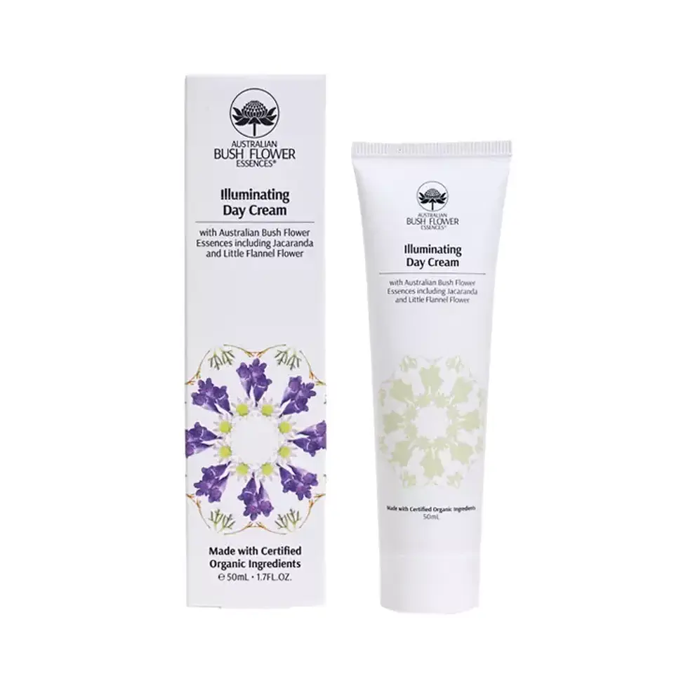 Illuminating Day Cream with Australian Bush Flower Essences, 50ml tube and box.