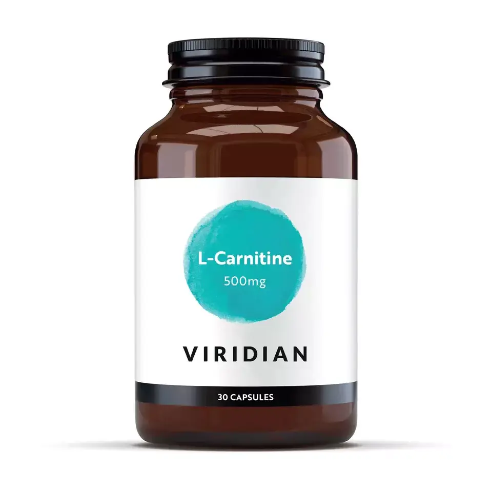 Brown bottle of Viridian L-Carnitine 500mg, 30 capsules.