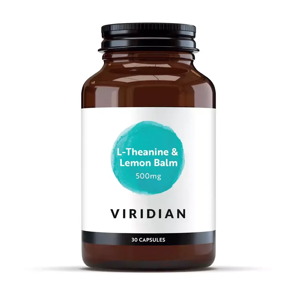 Brown bottle of Viridian L-Theanine & Lemon Balm, 500mg, 30 capsules.