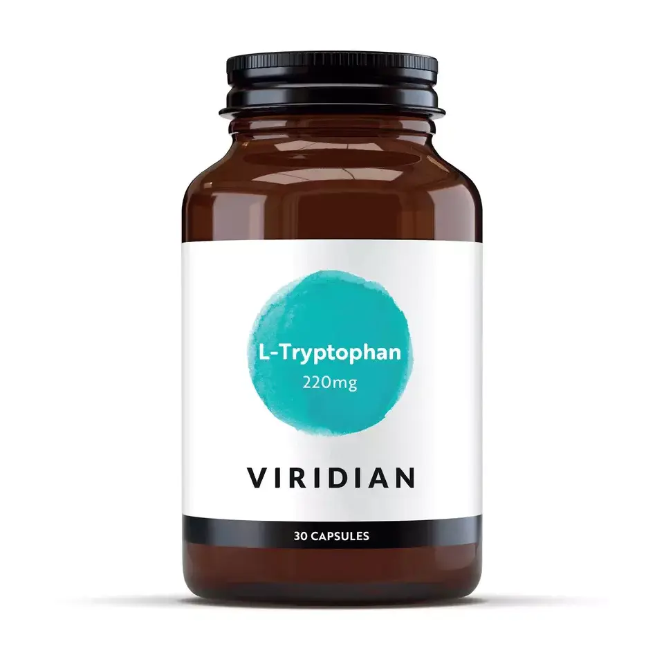 Brown bottle labelled "L-Tryptophan 220mg" by Viridian, 30 capsules.