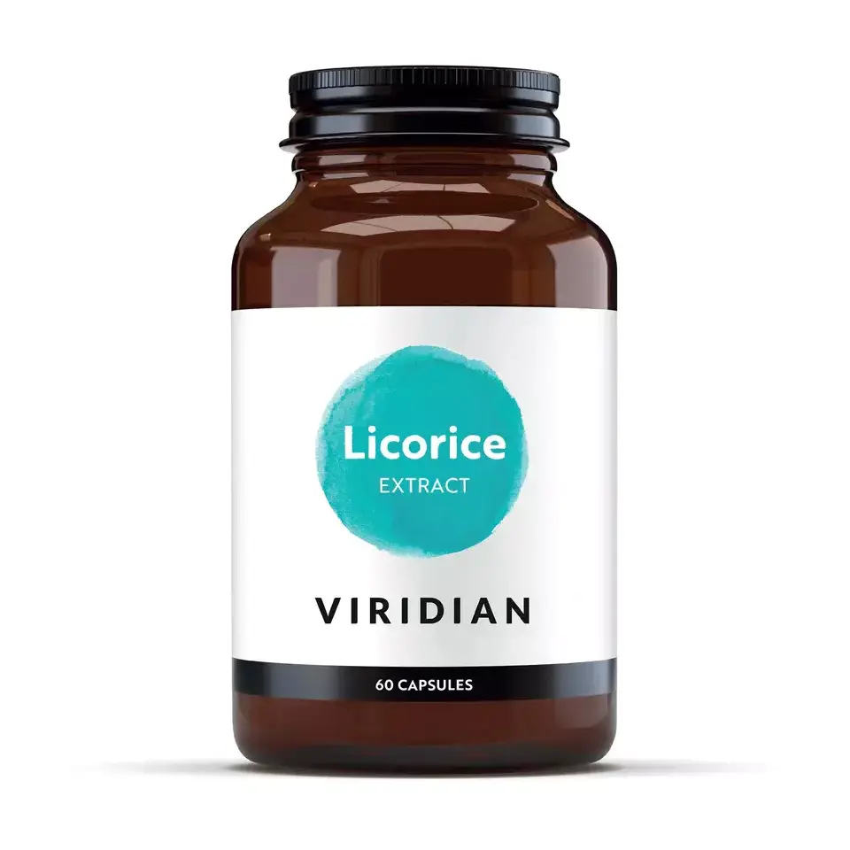 Brown bottle of Viridian Licorice Extract, 60 capsules.