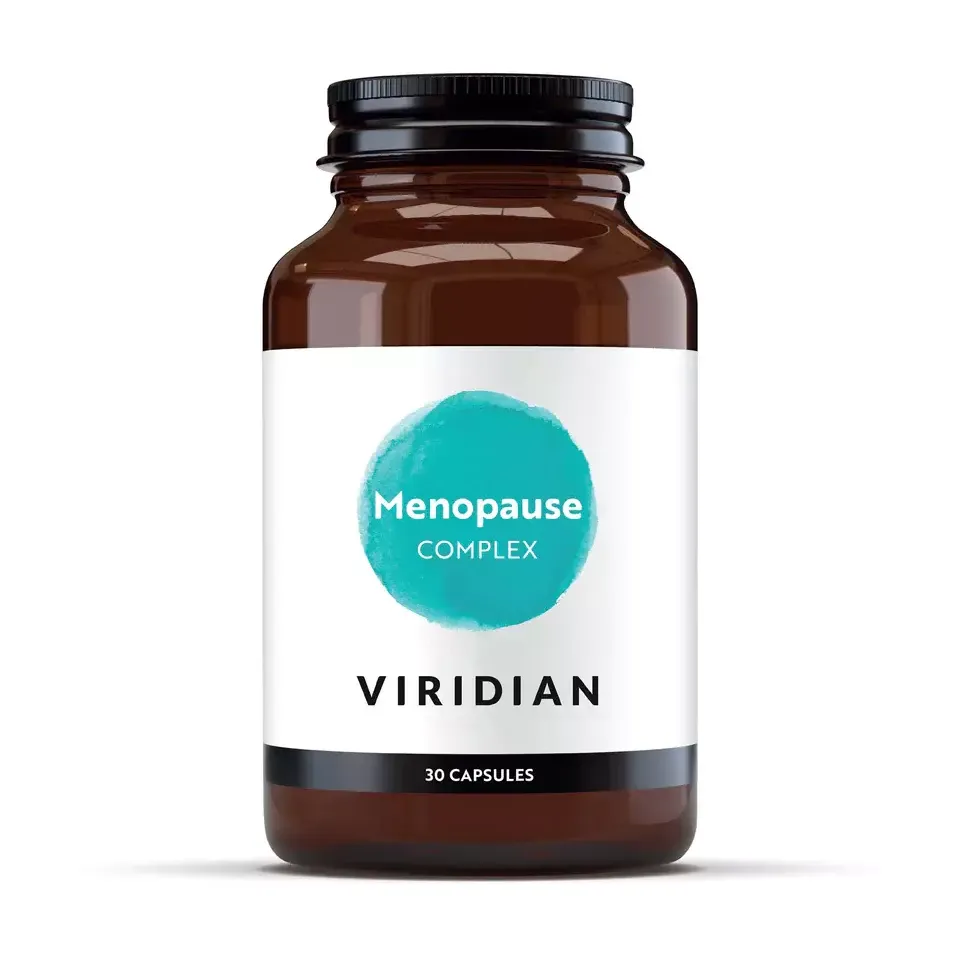 Brown bottle labelled "Menopause Complex" by Viridian, 30 capsules.