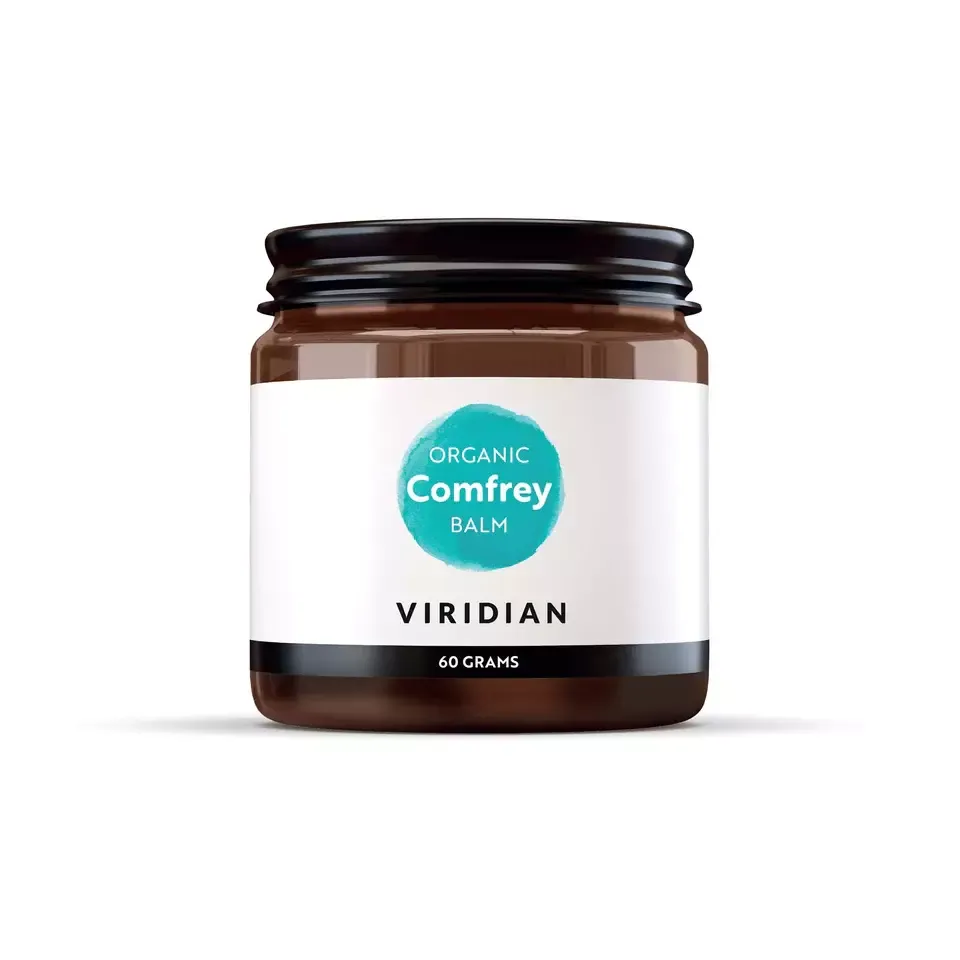 Brown jar of Viridian Organic Comfrey Balm, 60 grams.