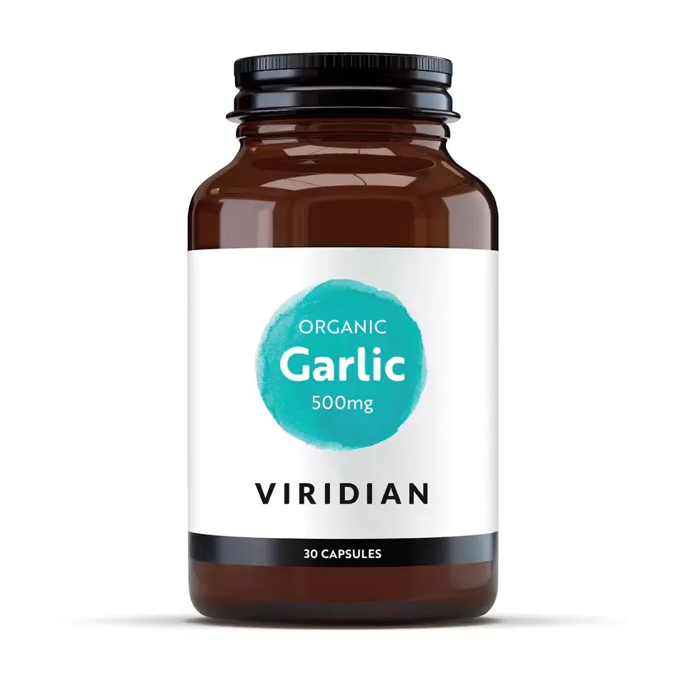 Brown bottle of Viridian Organic Garlic, 500mg, 30 capsules.