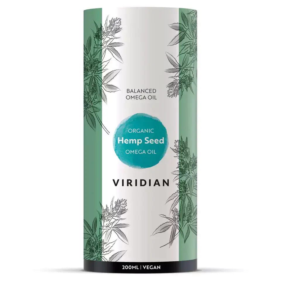 Viridian Organic Hemp Seed Omega Oil, 200ml, vegan, with botanical design on packaging.