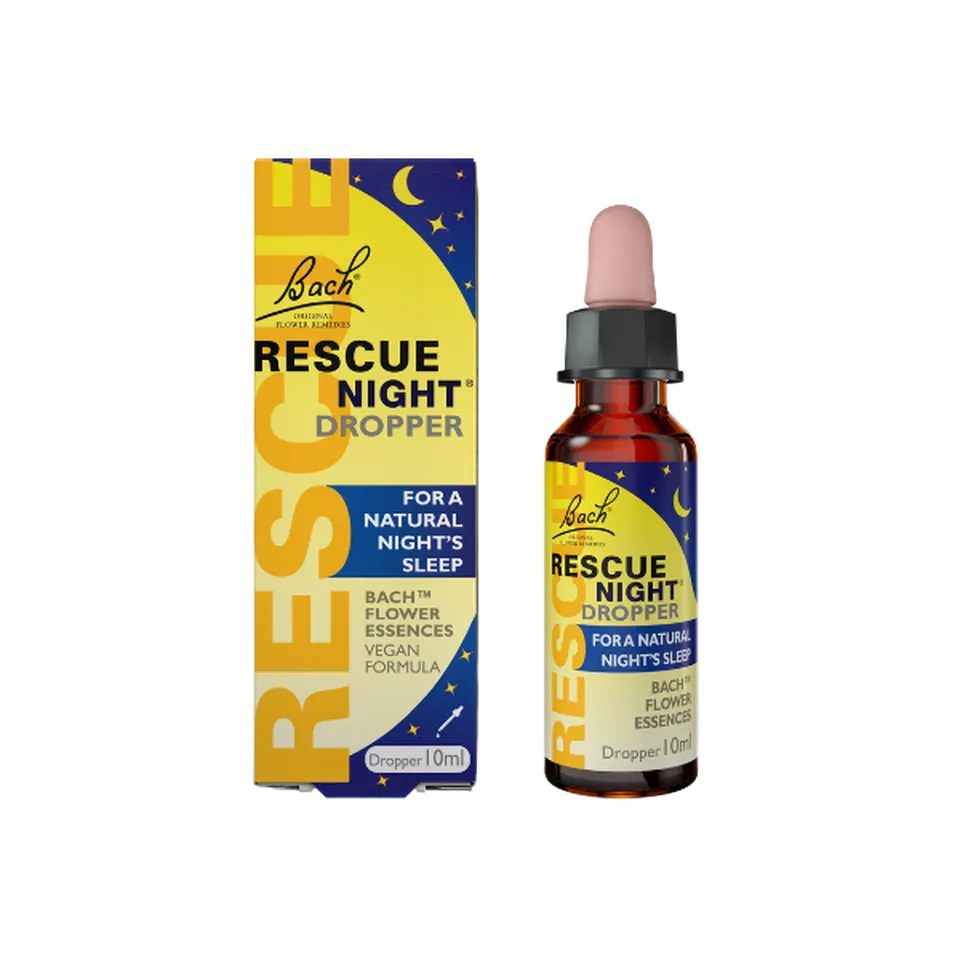 Bach Rescue Night Dropper, 10ml bottle and box, vegan formula for natural night's sleep.