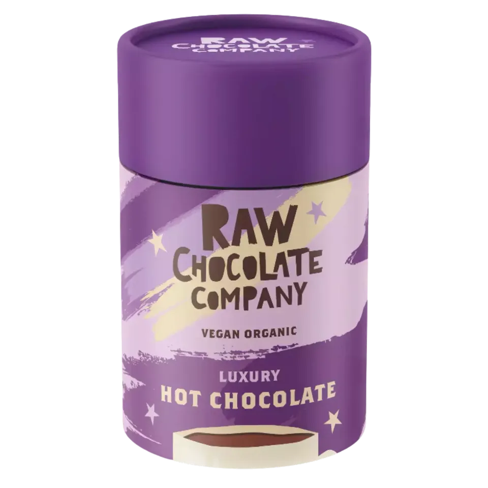 Purple tin of Raw Chocolate Company vegan organic luxury hot chocolate.
