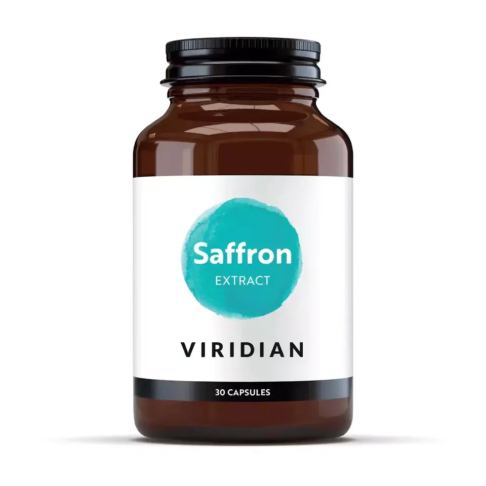 Brown bottle labelled "Saffron Extract" by Viridian, contains 30 capsules.