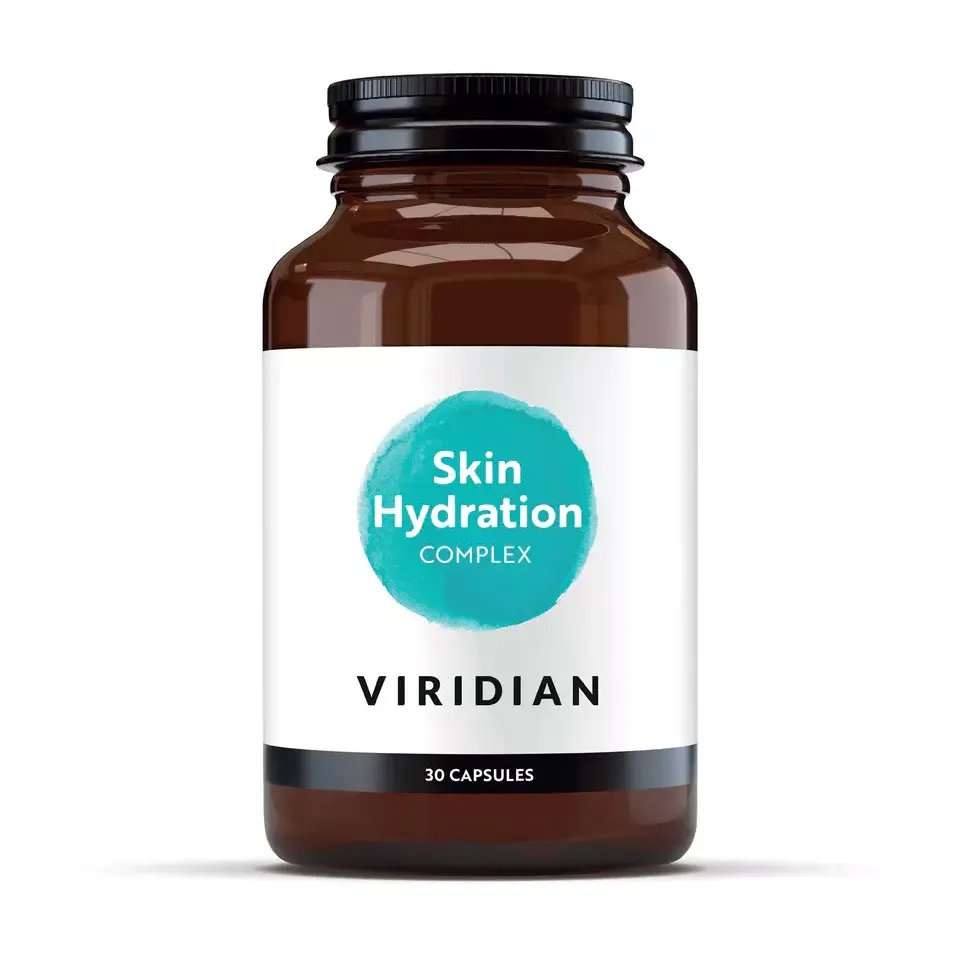 Brown bottle of Viridian Skin Hydration Complex, 30 capsules.