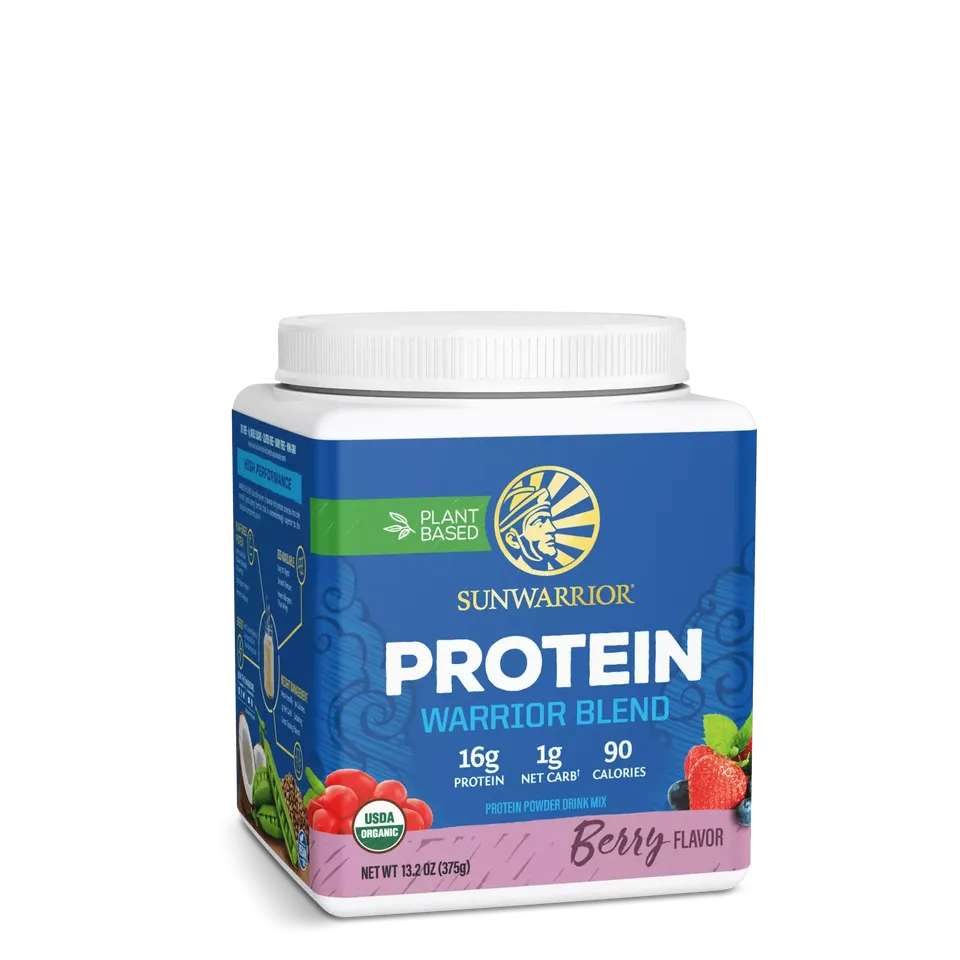 Sunwarrior Protein Warrior Blend, berry flavour, 375g, plant-based, USDA organic.