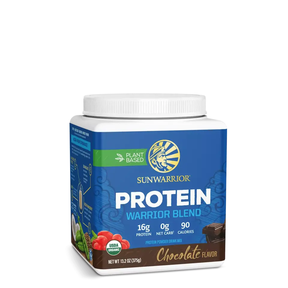 Sunwarrior Protein Warrior Blend, chocolate flavour, 375g, plant-based, USDA organic.