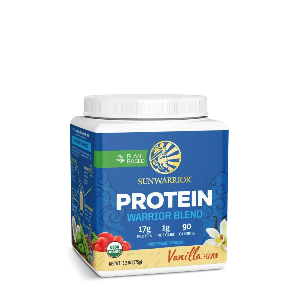 Sunwarrior Protein Warrior Blend, vanilla flavour, 375g, plant-based, USDA organic.