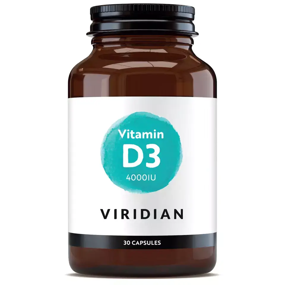 Brown bottle of Viridian Vitamin D3, 4000IU, 30 capsules.