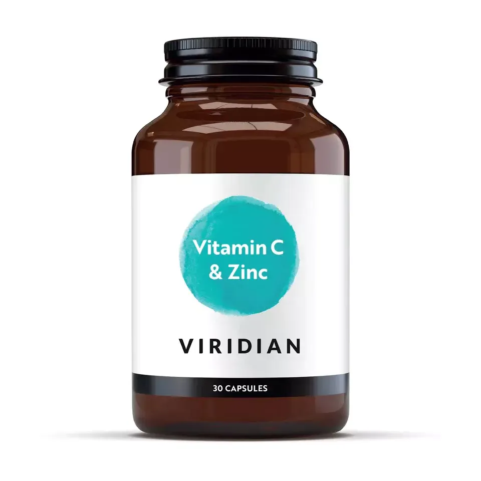 Brown bottle labelled "Vitamin C & Zinc" by Viridian, 30 capsules.
