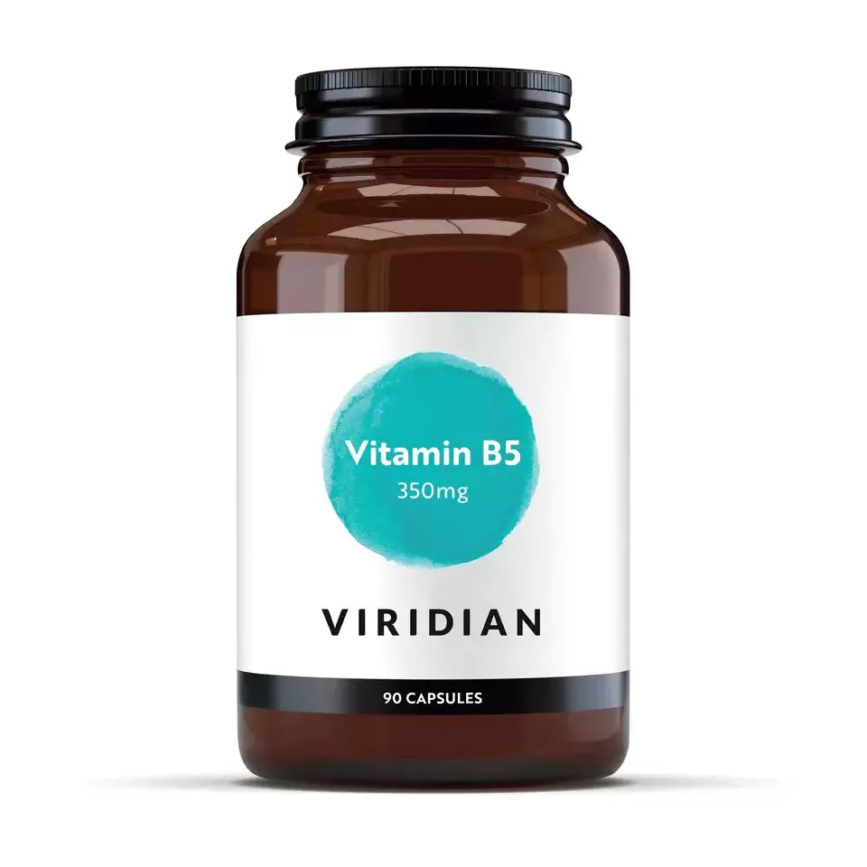 Brown bottle labelled "Vitamin B5 350mg" by Viridian, 90 capsules.