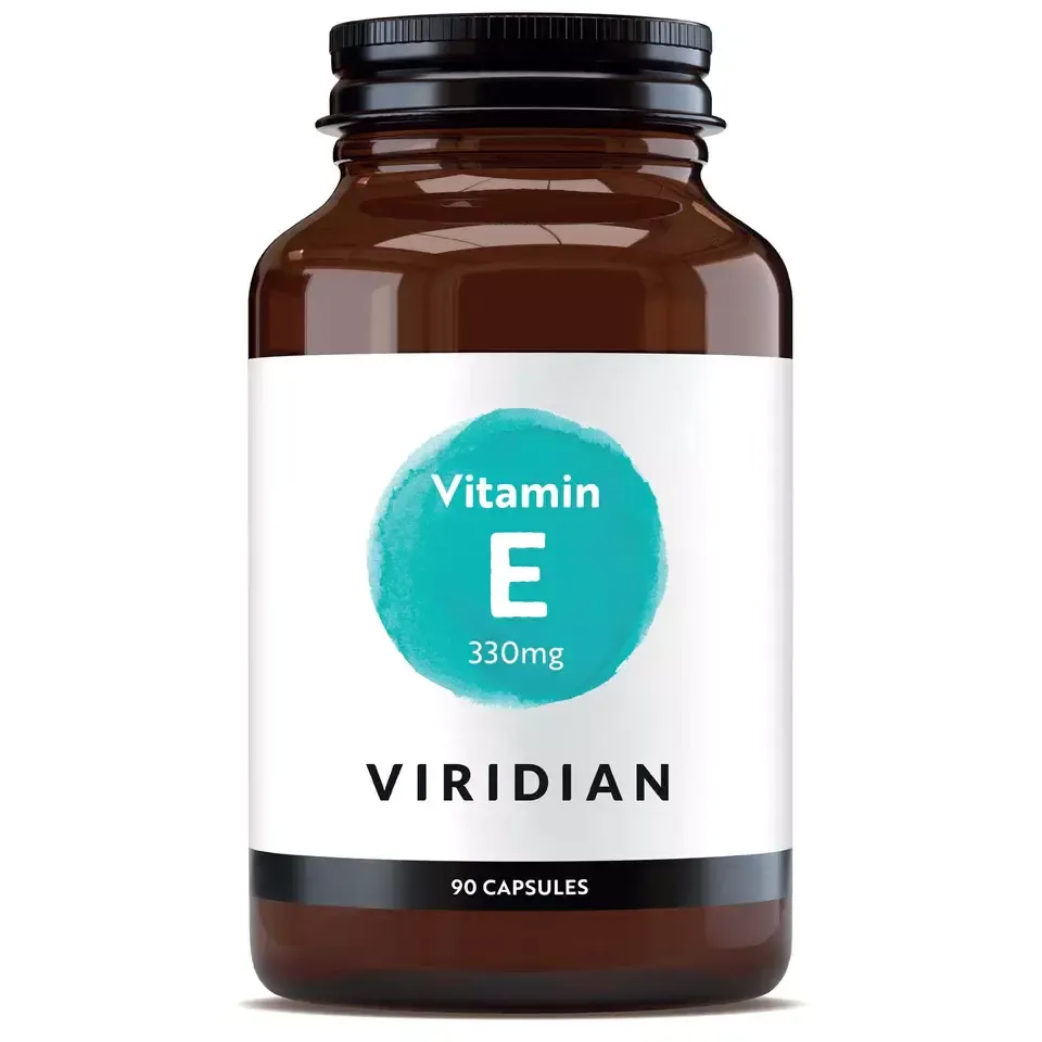 Brown bottle of Viridian Vitamin E, 330mg, 90 capsules.