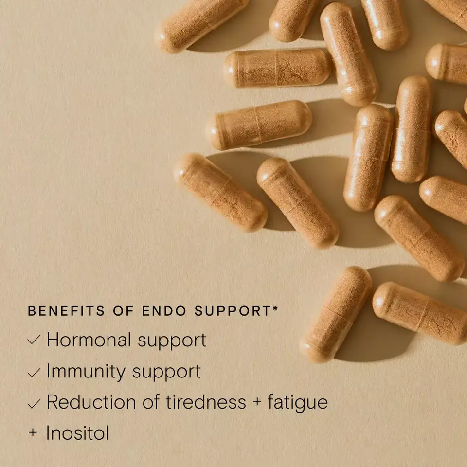 Capsules on beige background with text: Benefits of Endo Support, hormonal and immunity support.