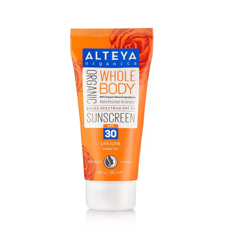 Alteya Organics Whole Body Sunscreen SPF 30, 90ml tube, orange with floral design.