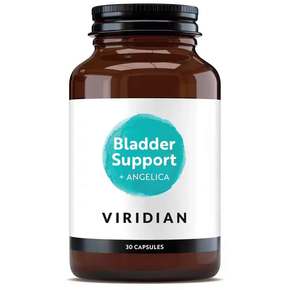 Viridian Bladder Support with Angelica, 30 capsules in a brown bottle.