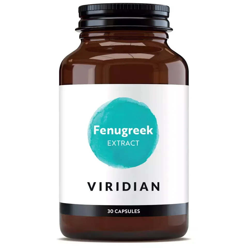 Brown bottle of Viridian Fenugreek Extract, 30 capsules.
