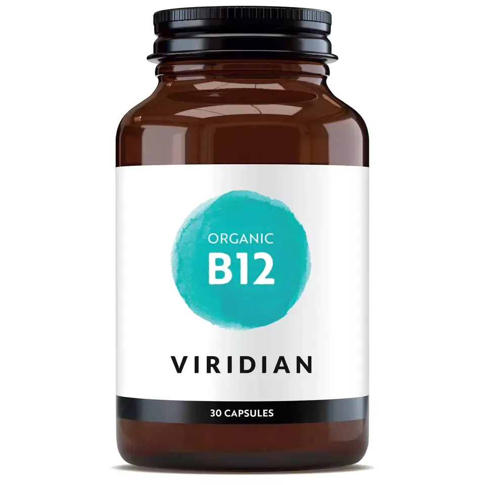 Brown bottle of Viridian Organic B12, 30 capsules.