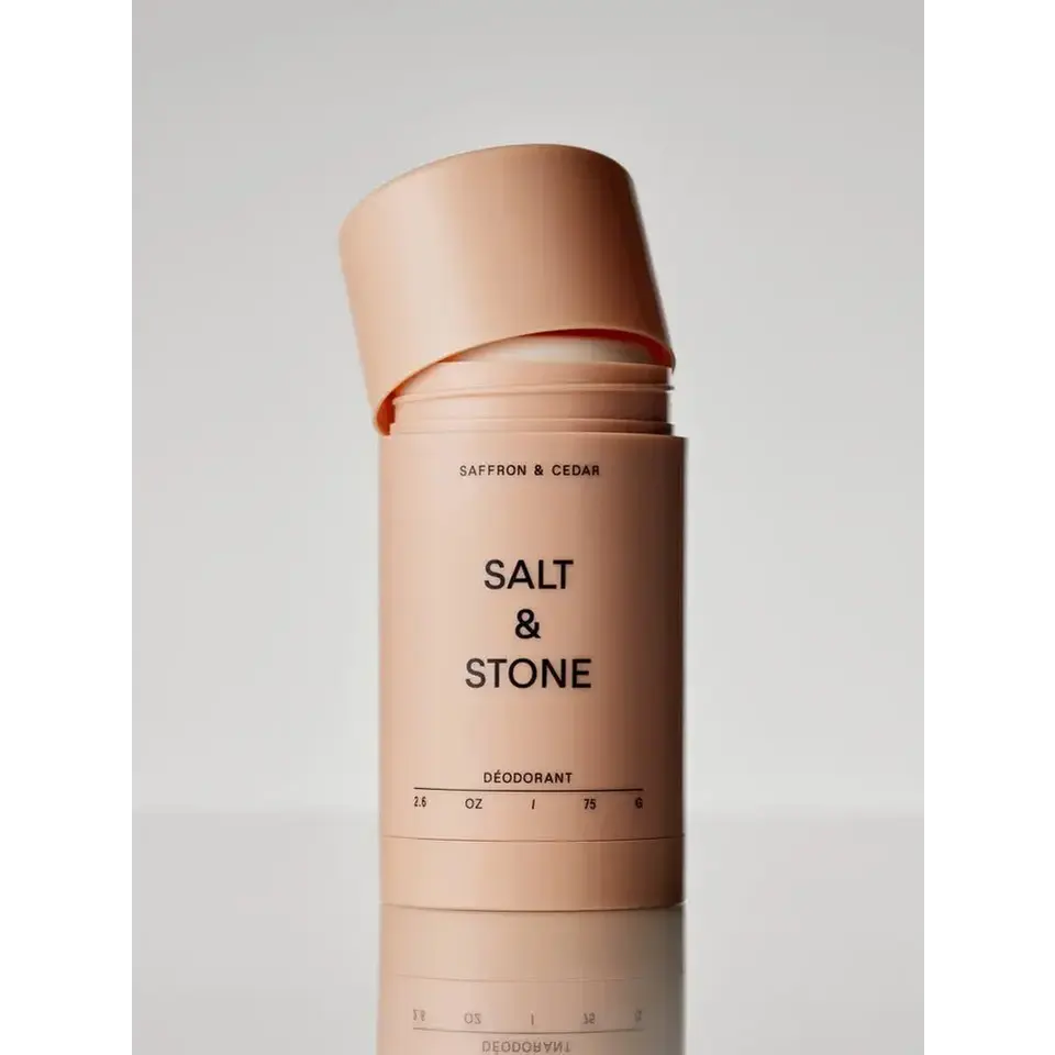 Salt & Stone deodorant stick, saffron and cedar scent, 75g, with open cap.