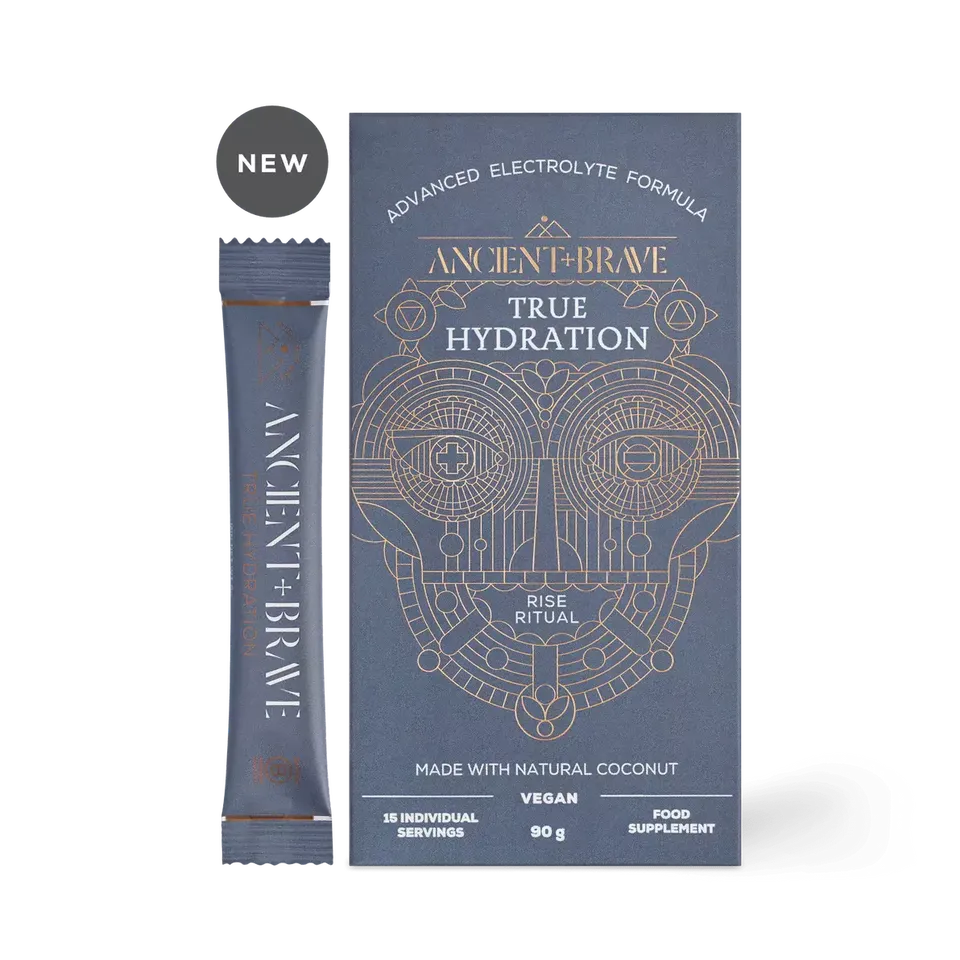 True Hydration box and sachet, advanced electrolyte formula, vegan, 90g, 15 servings.