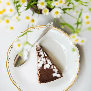 Slice of chocolate cake with coconut flakes on a decorative plate, next to a spoon.