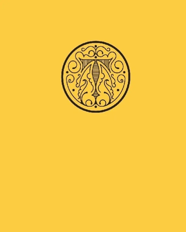Yellow background with ornate black circular emblem in the centre.